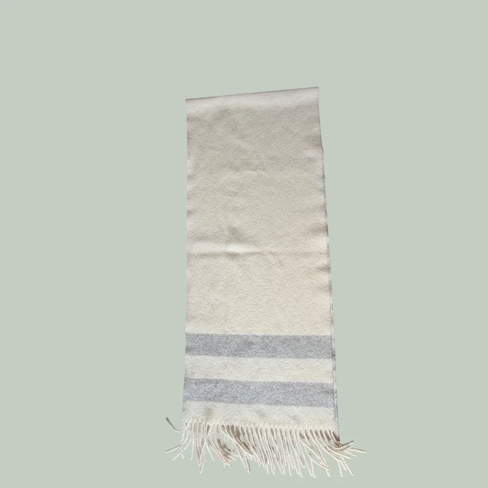Polo Ralph Lauren Scarf Made in Italy Wool Striped Grey Cream Pony Logo Fringe
